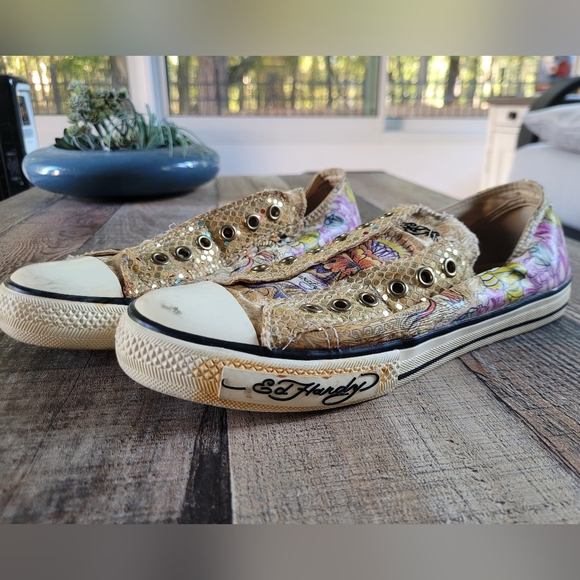 Ed Hardy Colorful Slip-On Sneakers with Gold Accents, Women's 8 - Picture 3 of 10